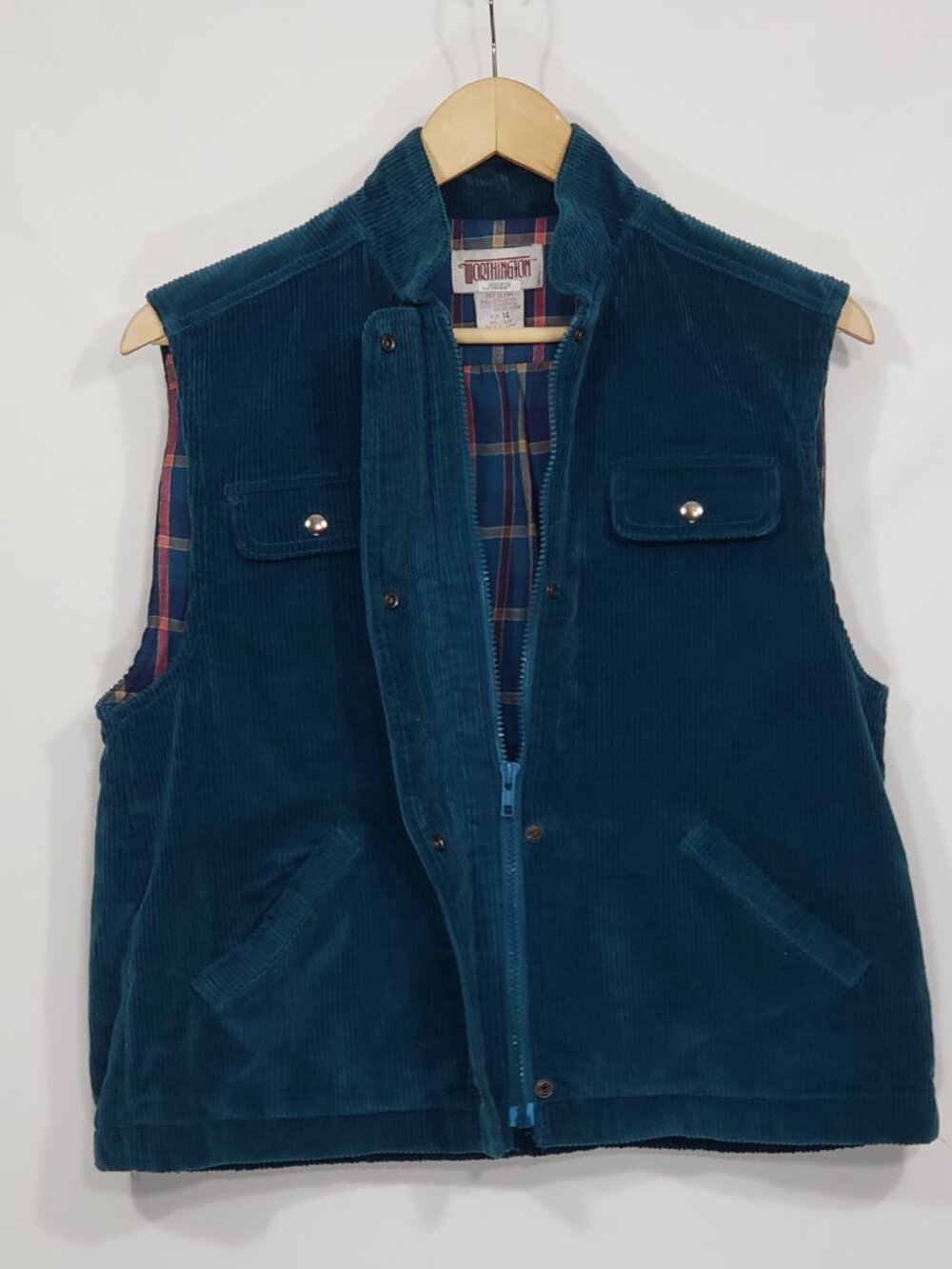Worthington Teal Turquoise Blue Corduroy Vest Plaid Lining Size 14